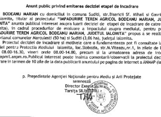 Anunț public privind emiterea deciziei etapei de încadrare – împădurire teren agricol Bodeanu Marian, județul Ialomița