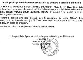 Anunț public privind depunerea solicitării de emitere a acordului de mediu – împădurire teren pădure Bucu, județul Ialomița