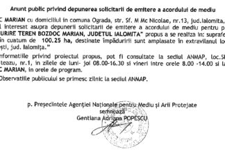 Anunț public privind depunerea solicitării de emitere a acordului de mediu – împădurire teren Bozdoc Marian, județul Ialomița