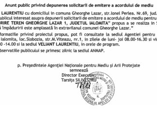 Anunț public privind depunerea solicitării de emitere a acordului de mediu – împădurire teren Gheorghe Lazăr 1, județul Ialomița