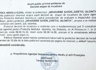 Anunț public privind emiterea deciziei etapei de încadrare – împădurire teren Săveni, județul Ialomița